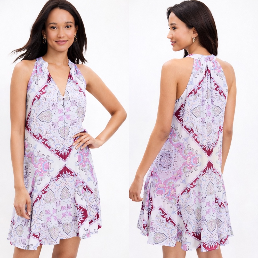 Loft Geo Godet Viscose Halter Swing Dress Sz Small SP NWT